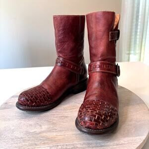 Bed | Stu Ashwell Women's Reddish Brown Buckles Leather Woven Boots US Size 6.5